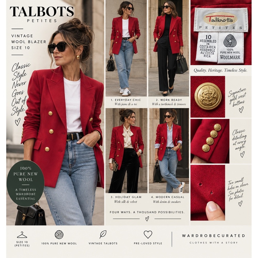 Vintage Talbots Petites Red 100% Wool Double Breasted Blazer Gold Buttons 10P